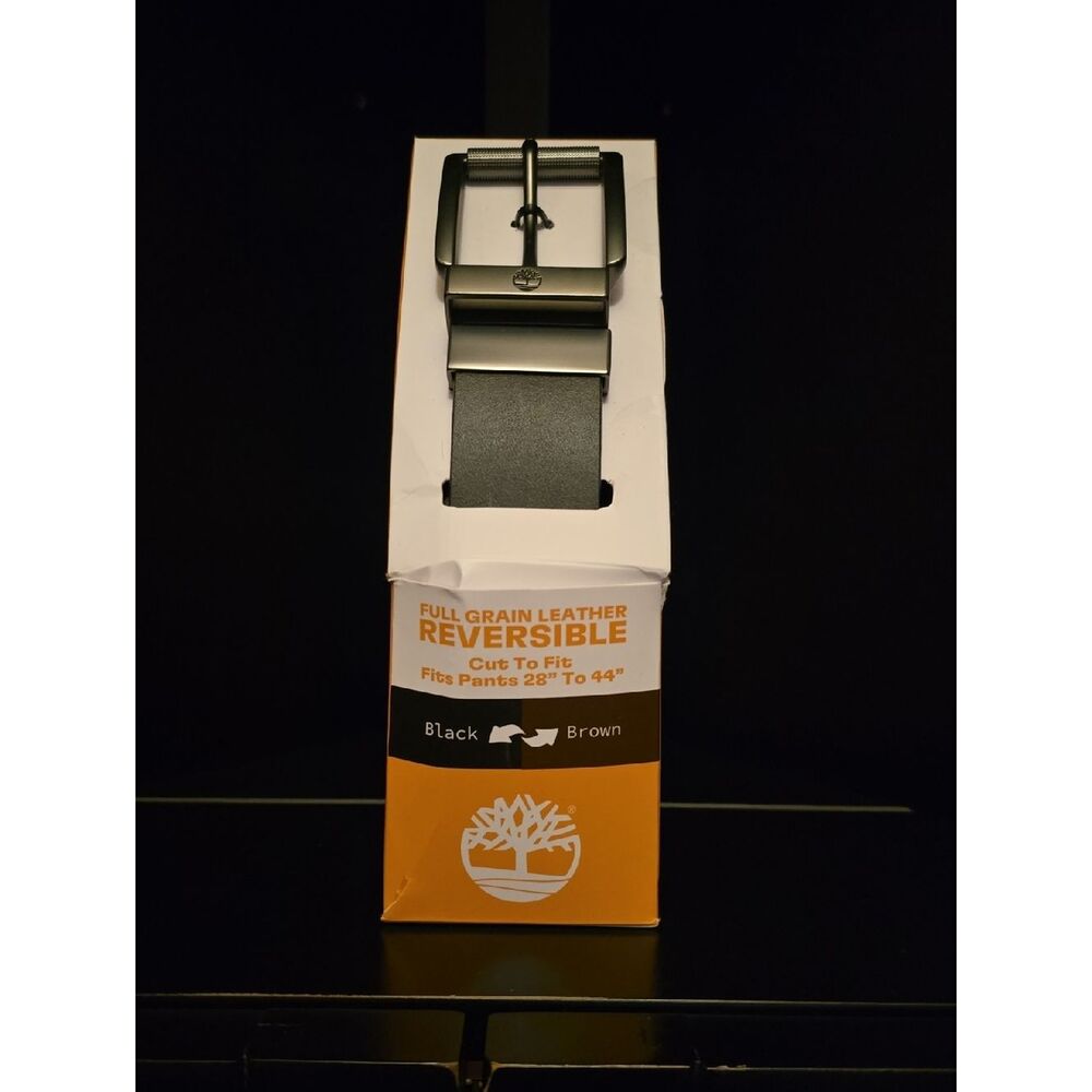 Timberland Black/Brown Reversible Leather Belt with Metal Buckle, Mens